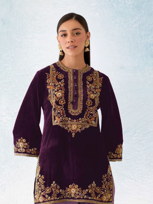 Rajwada Purple Velvet Embroidered Semi-Sitched Kurta Set For Women