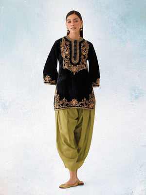 Rajwada Black Velvet Embroidered Semi-Sitched Kurta Set For Women