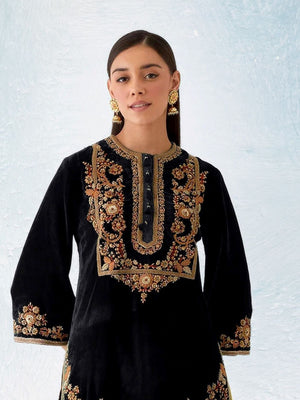 Rajwada Black Velvet Embroidered Semi-Sitched Kurta Set For Women