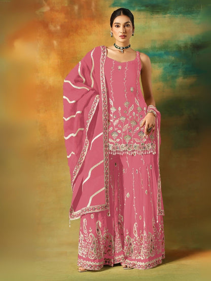 Rajwada Pink Georgette Embroidered Semi-Sitched Kurta Set For Women