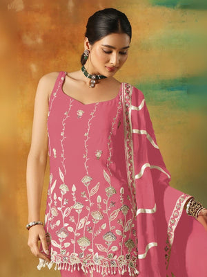Rajwada Pink Georgette Embroidered Semi-Sitched Kurta Set For Women