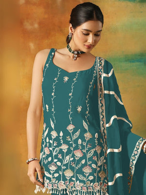 Rajwada Teal Blue Georgette Embroidered Semi-Sitched Kurta Set For Women