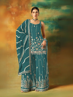 Rajwada Teal Blue Georgette Embroidered Semi-Sitched Kurta Set For Women