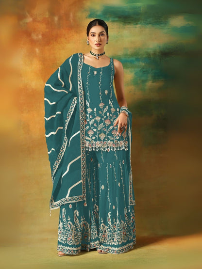 Rajwada Teal Blue Georgette Embroidered Semi-Sitched Kurta Set For Women