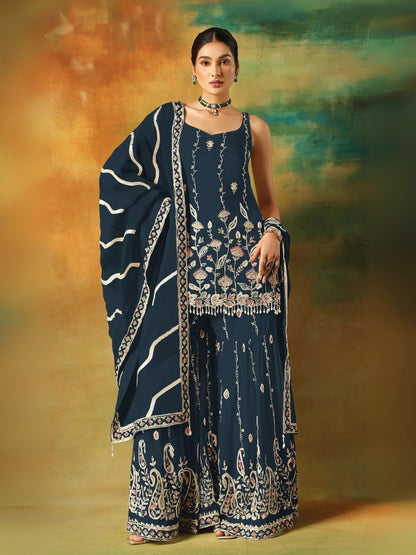 Rajwada Navy Blue Georgette Embroidered Semi-Sitched Kurta Set For Women