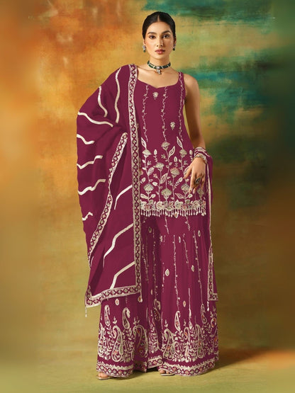 Rajwada Maroon Georgette Embroidered Semi-Sitched Kurta Set For Women