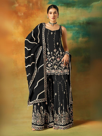Rajwada Black Georgette Embroidered Semi-Sitched Kurta Set For Women