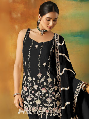 Rajwada Black Georgette Embroidered Semi-Sitched Kurta Set For Women