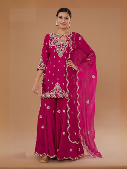 Rajwada Pink Georgette Embroidered Semi-Sitched Kurta Set For Women
