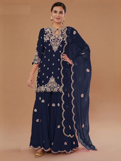 Rajwada Navy Blue Georgette Embroidered Semi-Sitched Kurta Set For Women