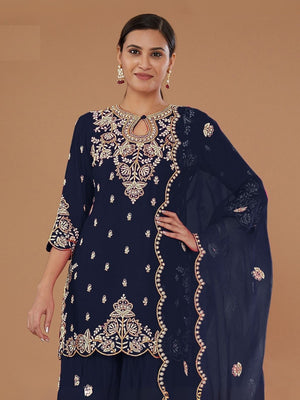 Rajwada Navy Blue Georgette Embroidered Semi-Sitched Kurta Set For Women