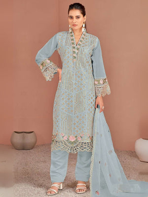 Rajwada Sky Blue Organza Embellished Semi-Stitched Kurta Set For Women