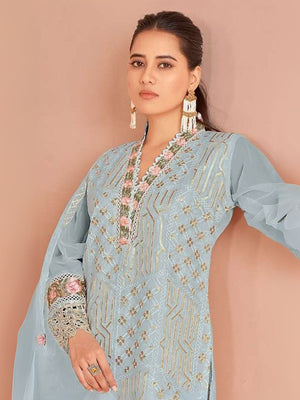 Rajwada Sky Blue Organza Embellished Semi-Stitched Kurta Set For Women