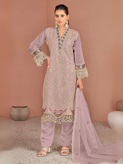 Rajwada Dusty Mauve Organza Embellished Semi-Stitched Kurta Set For Women