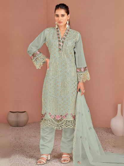 Rajwada Light Green Organza Embellished Semi-Stitched Kurta Set For Women