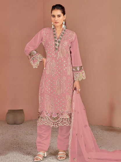 Rajwada Light Pink Organza Embellished Semi-Stitched Kurta Set For Women