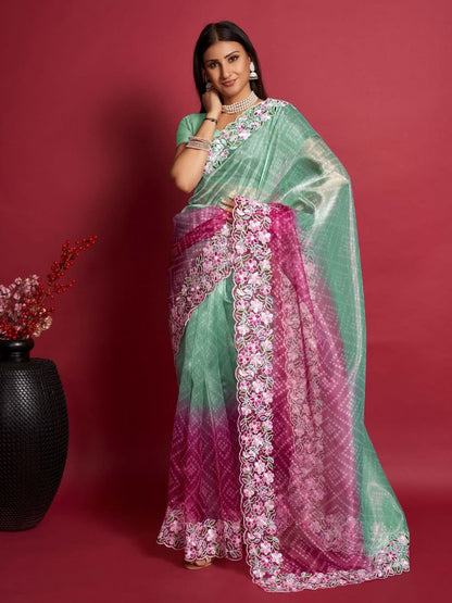 Rajwada - Sea Green and Pink Organza Saree with Unstitched Blouse