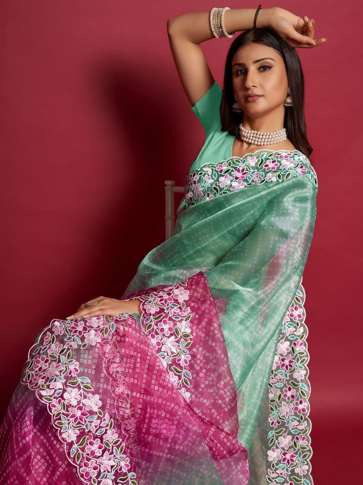 Rajwada - Sea Green and Pink Organza Saree with Unstitched Blouse