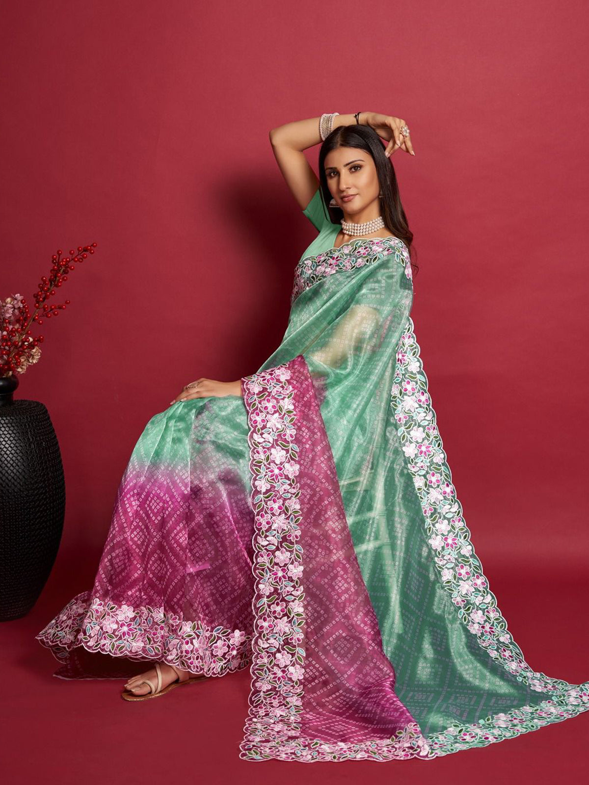 Rajwada - Sea Green and Pink Organza Saree with Unstitched Blouse