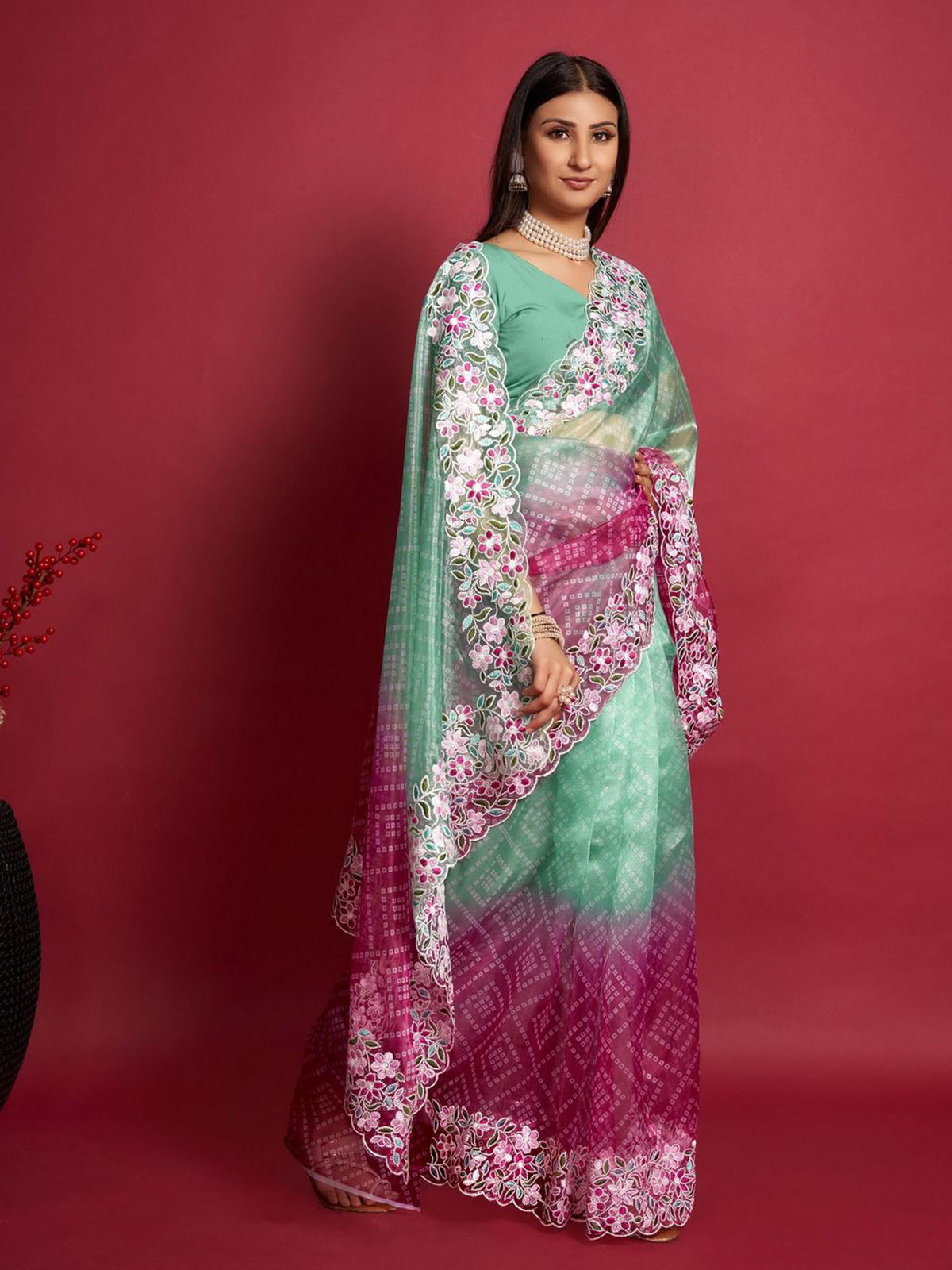 Rajwada - Sea Green and Pink Organza Saree with Unstitched Blouse