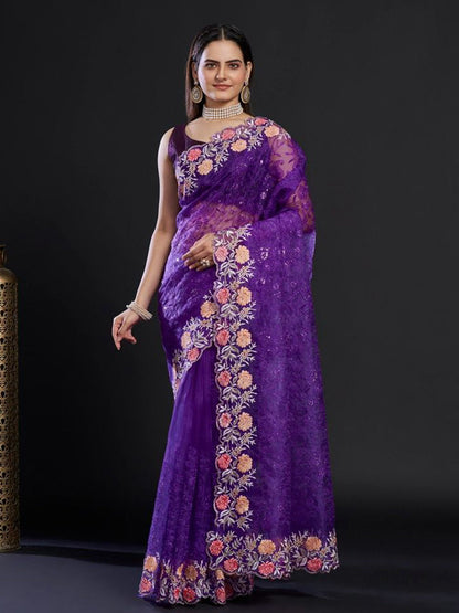 Rajwada - Purple Organza Saree with Unstitched Blouse