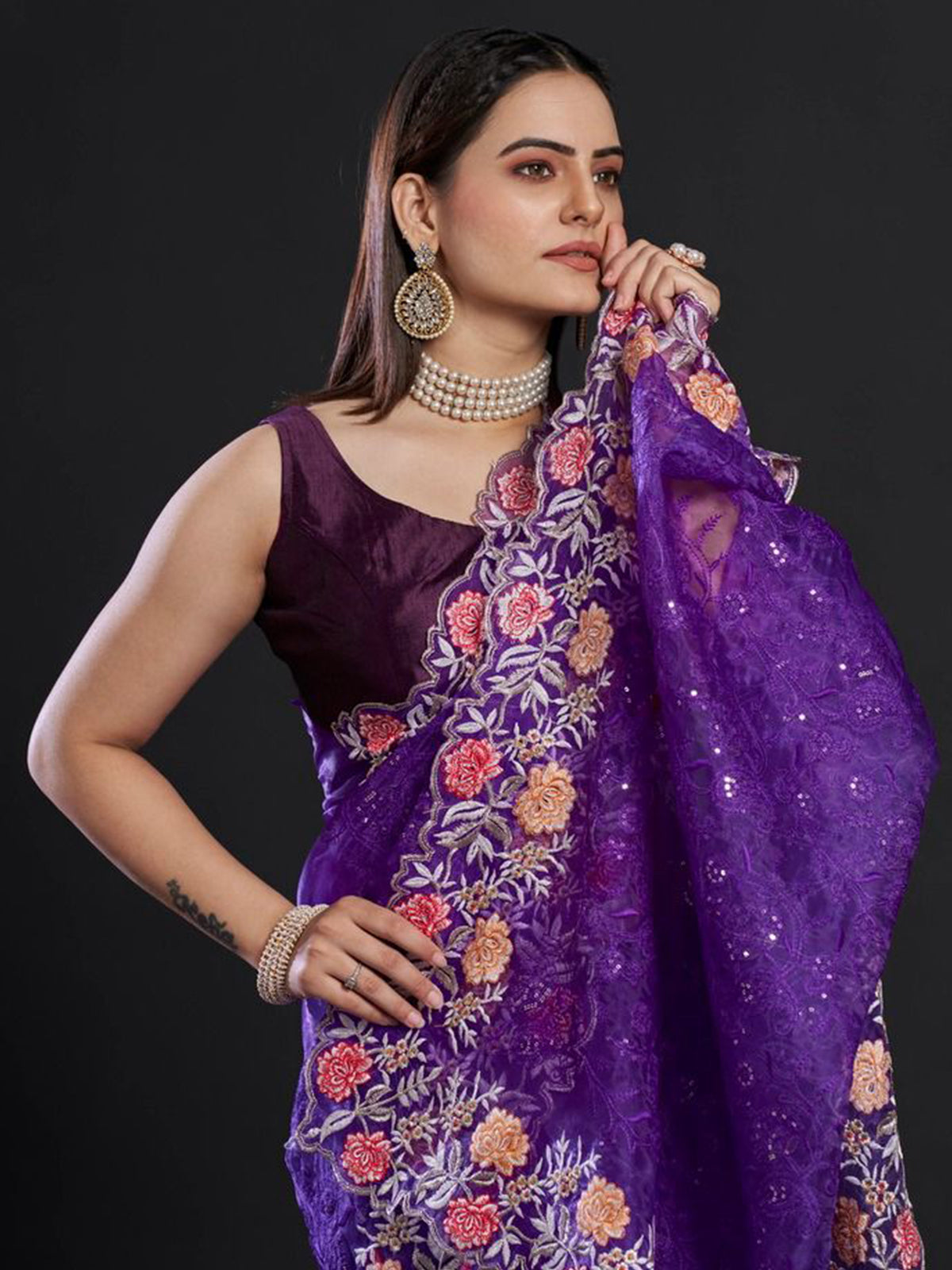 Rajwada - Purple Organza Saree with Unstitched Blouse