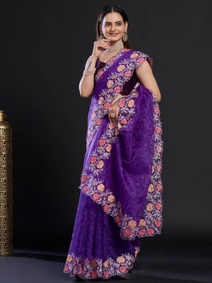 Rajwada - Purple Organza Saree with Unstitched Blouse