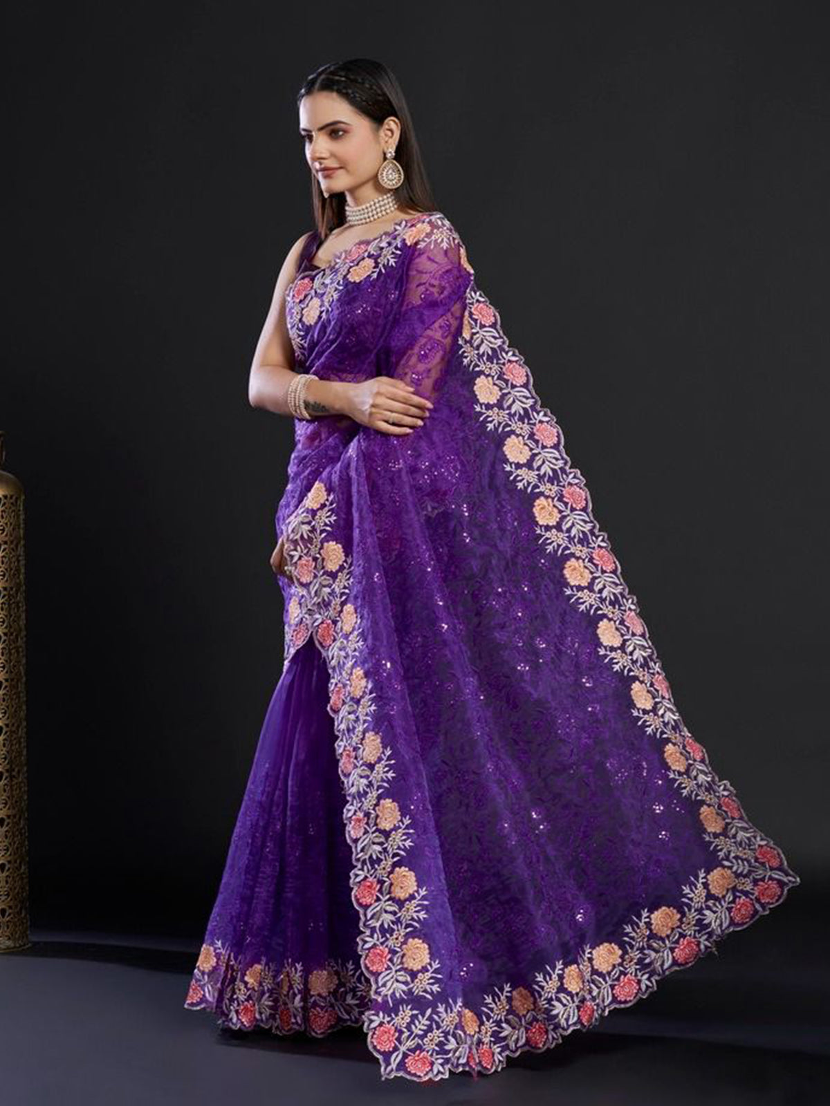 Rajwada - Purple Organza Saree with Unstitched Blouse