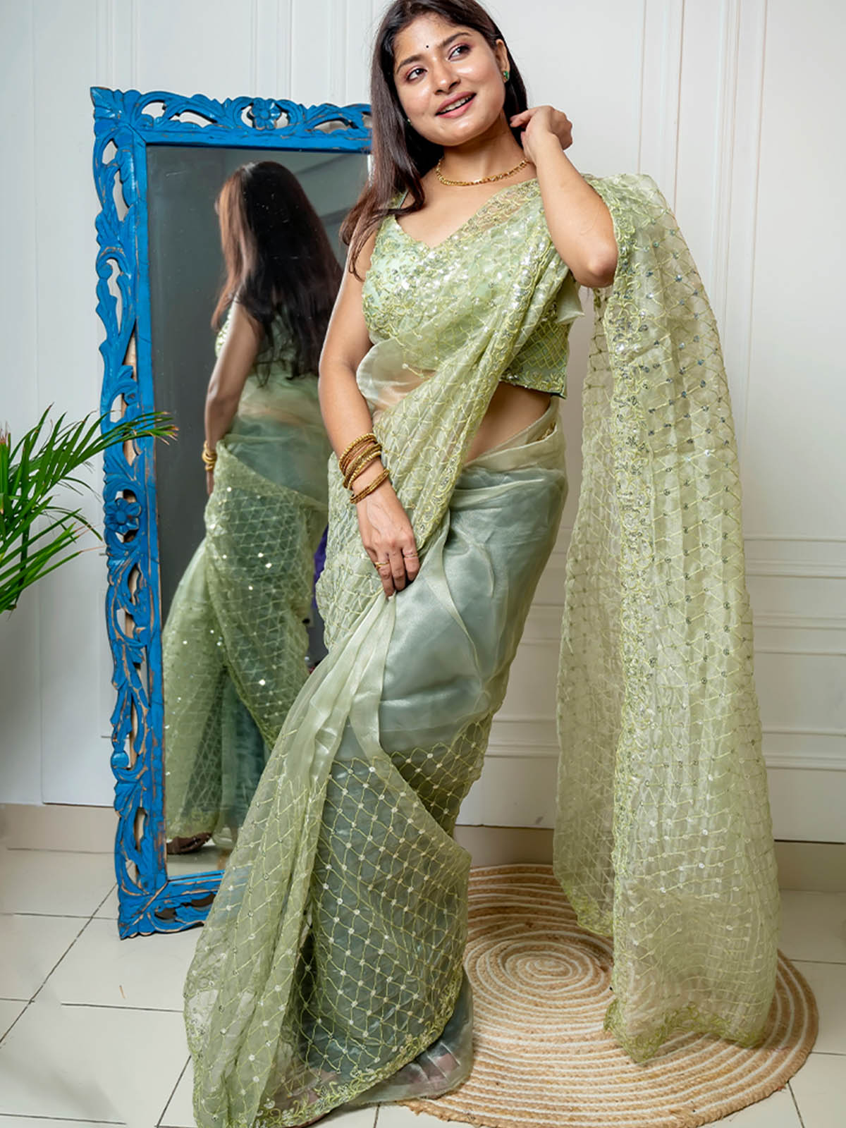 Rajwada - Green Organza Embellished Saree with Stitched Blouse
