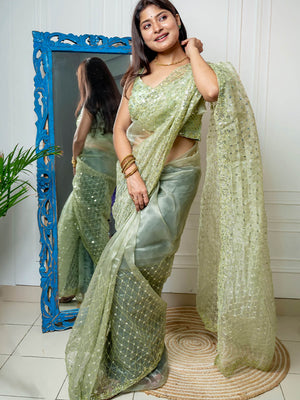 Rajwada - Green Organza Embellished Saree with Stitched Blouse