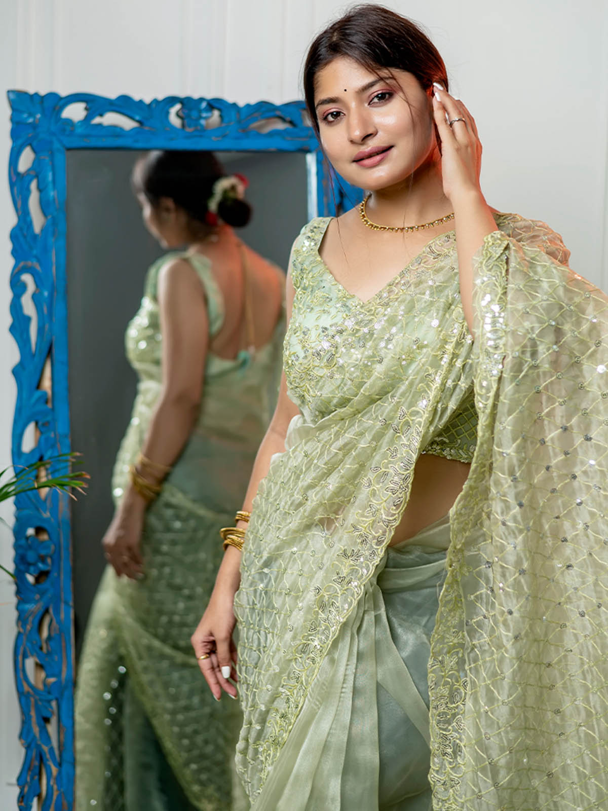 Rajwada - Green Organza Embellished Saree with Stitched Blouse