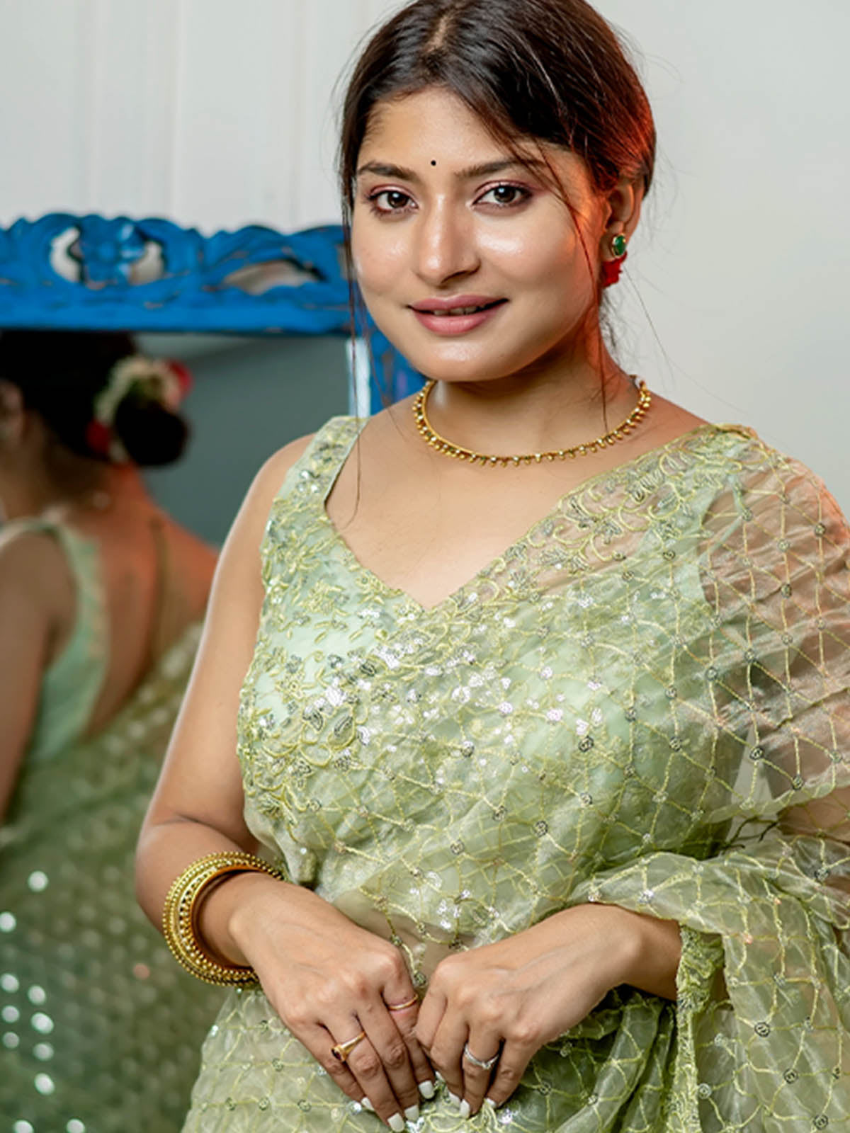 Rajwada - Green Organza Embellished Saree with Stitched Blouse