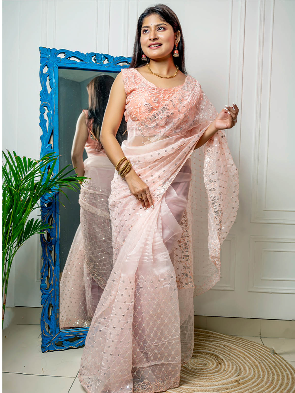 Rajwada - Peach Organza Embellished Saree with Stitched Blouse
