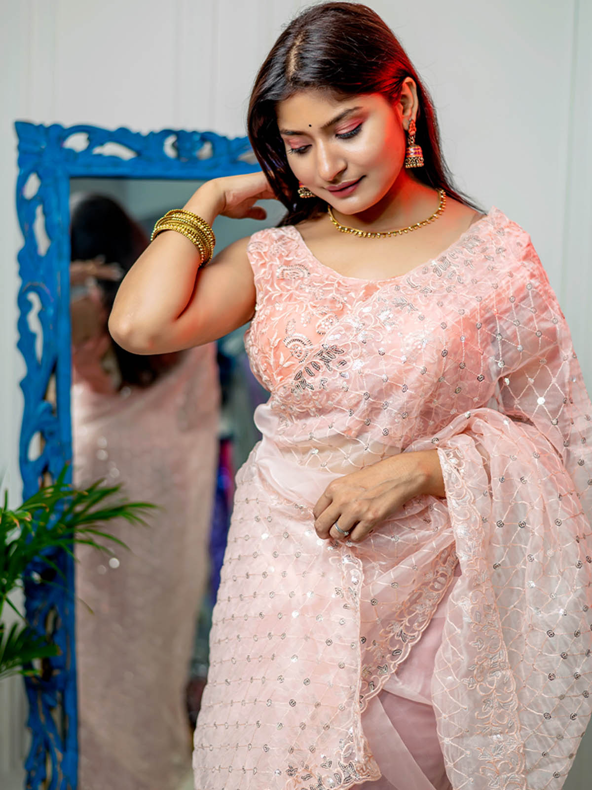Rajwada - Peach Organza Embellished Saree with Stitched Blouse