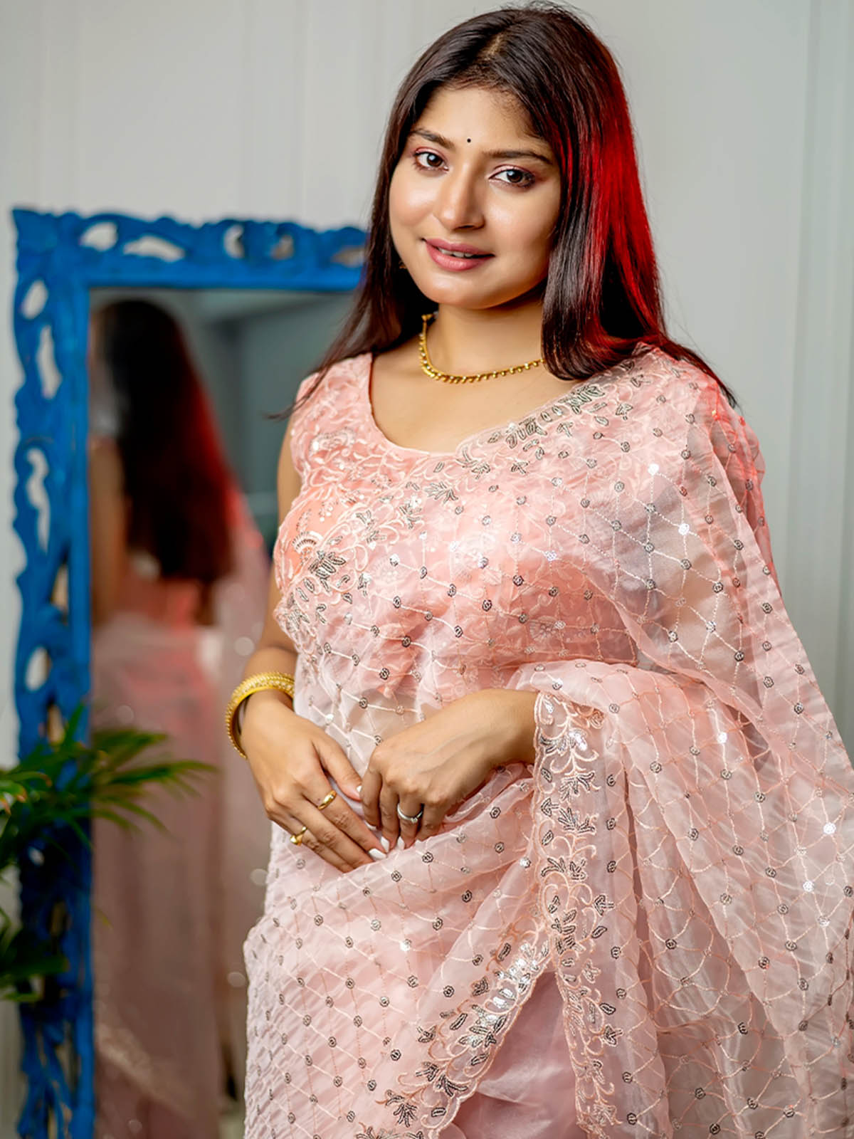 Rajwada - Peach Organza Embellished Saree with Stitched Blouse