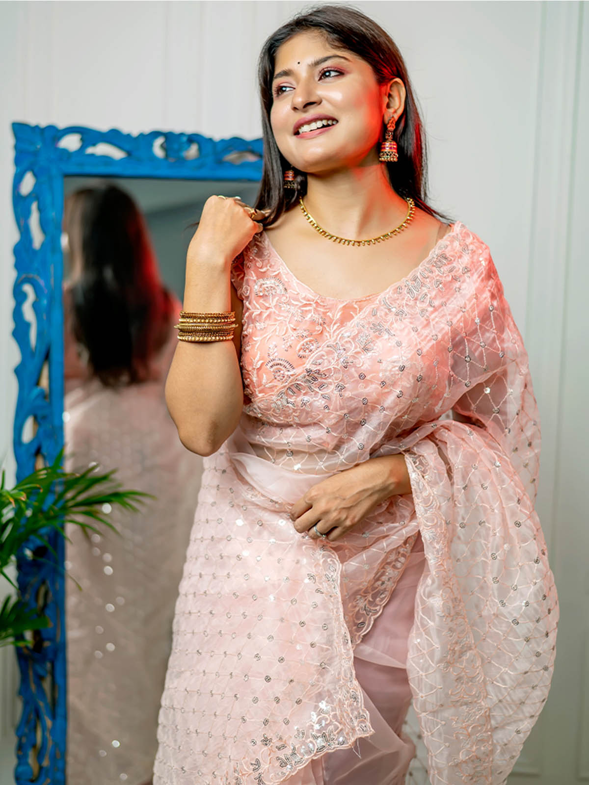 Rajwada - Peach Organza Embellished Saree with Stitched Blouse