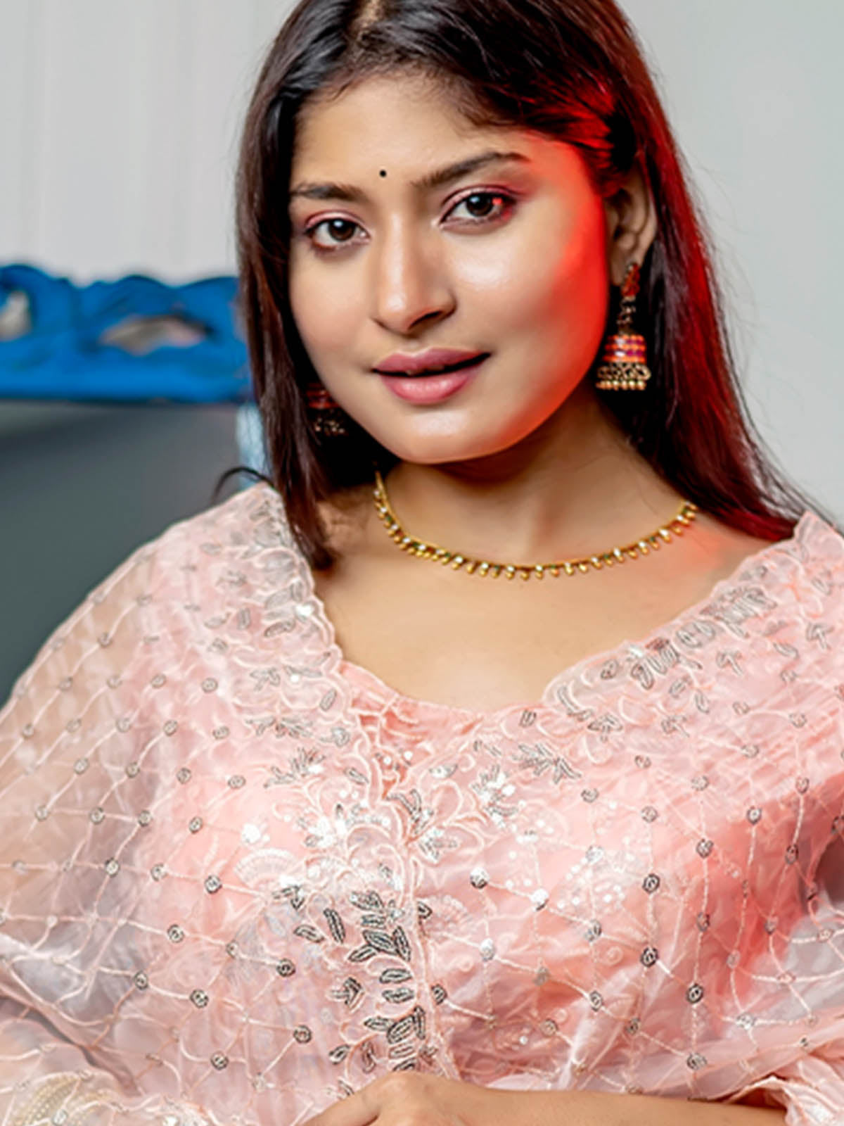Rajwada - Peach Organza Embellished Saree with Stitched Blouse