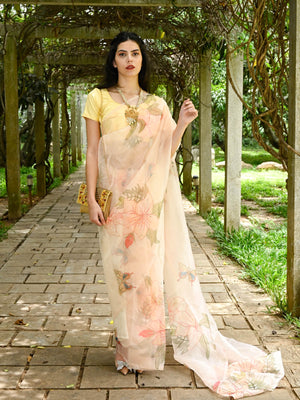 Rajwada - Peach Organza Floral Printed Saree with Unstitched Blouse