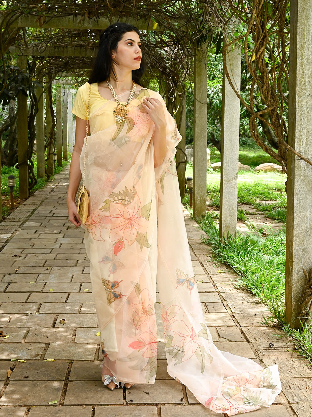 Rajwada - Peach Organza Floral Printed Saree with Unstitched Blouse