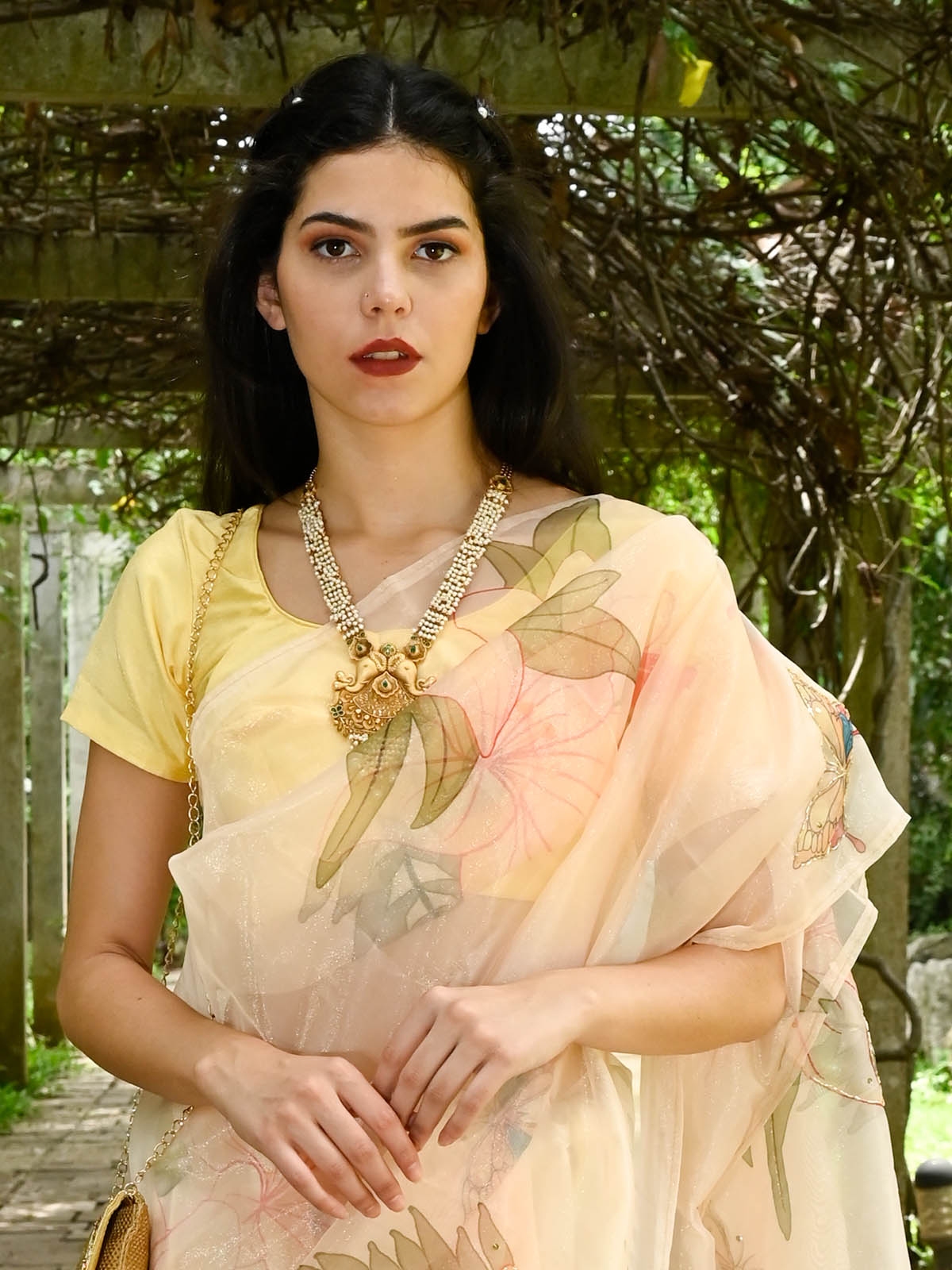 Rajwada - Peach Organza Floral Printed Saree with Unstitched Blouse