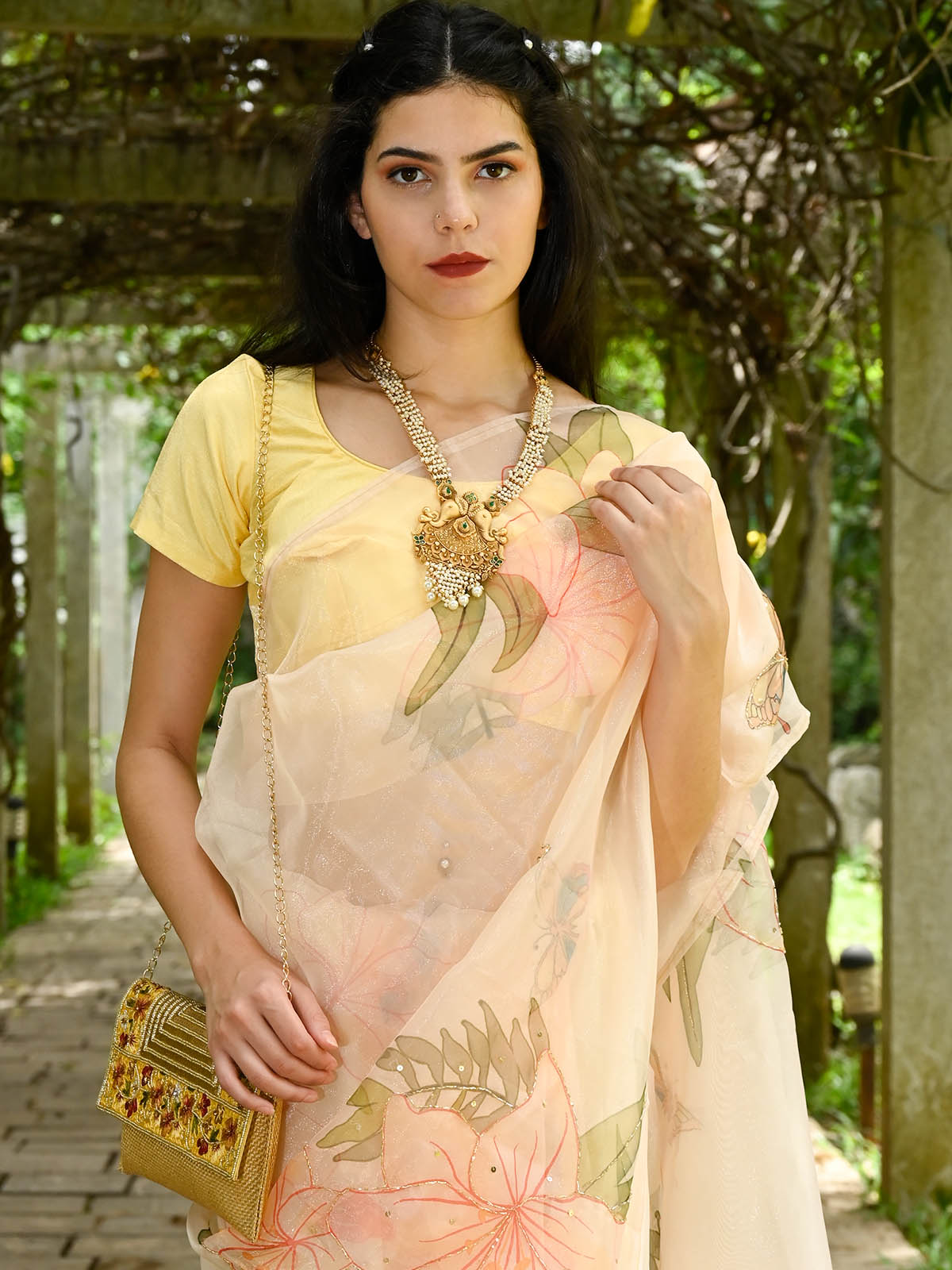 Rajwada - Peach Organza Floral Printed Saree with Unstitched Blouse