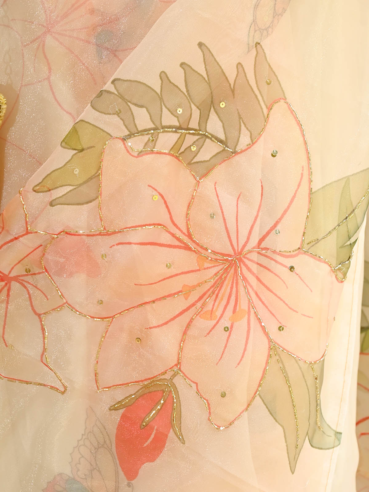 Rajwada - Peach Organza Floral Printed Saree with Unstitched Blouse