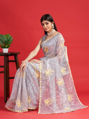 Grey Organza Sequins Saree With Unstitched Blouse