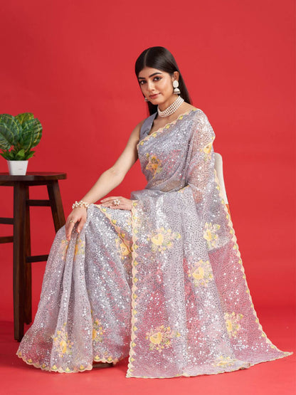 Grey Organza Sequins Saree With Unstitched Blouse