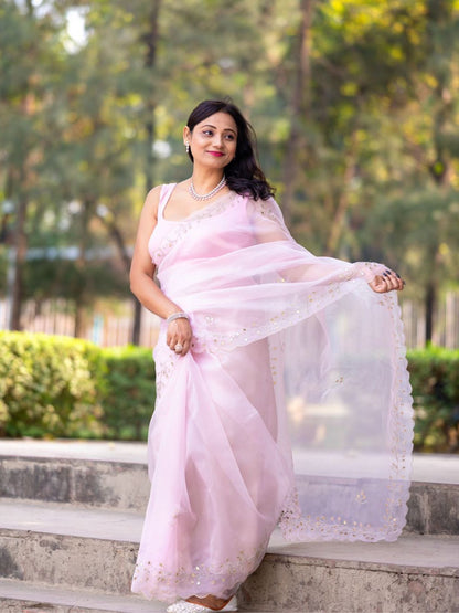 Rajwada Light Pink Organza Embellished Saree with Unstitched Blouse for Women
