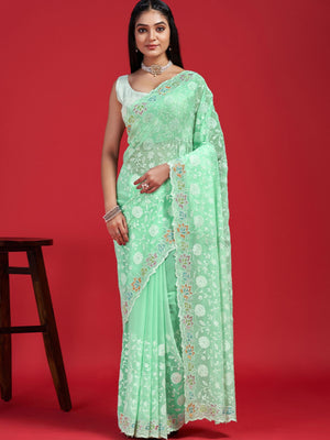 Rajwada Green Georgette Embroidered Saree with Unstitched Blouse for Women