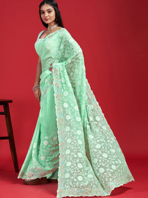 Rajwada Green Georgette Embroidered Saree with Unstitched Blouse for Women