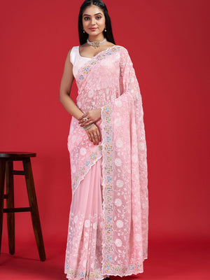 Rajwada Pink Georgette Embroidered Saree with Unstitched Blouse for Women