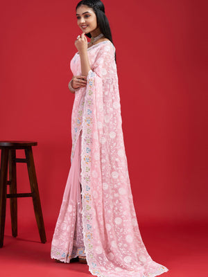 Rajwada Pink Georgette Embroidered Saree with Unstitched Blouse for Women