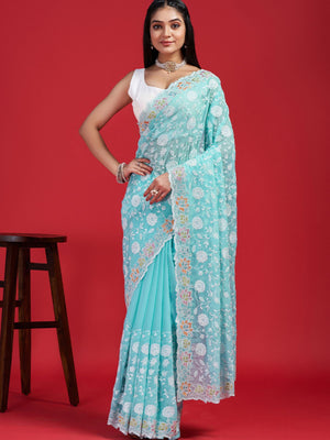 Rajwada Sky Blue Georgette Embroidered Saree with Unstitched Blouse for Women